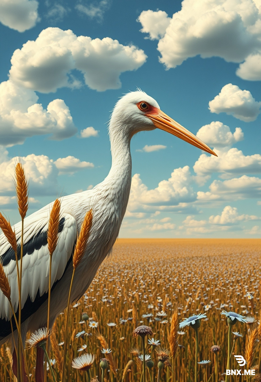 Surrealism (in the vein of Dalí/Magritte) A close-up of a stork, its feathers transitioning seamlessly into stalks of wheat; the sky filled with clouds that form whimsical, almost surreal shapes. Below, an endless field features cornflowers that appear to "float" like islands. Paradoxical light, soft shadows, a dreamlike sense of metamorphosis, and intricate detail.