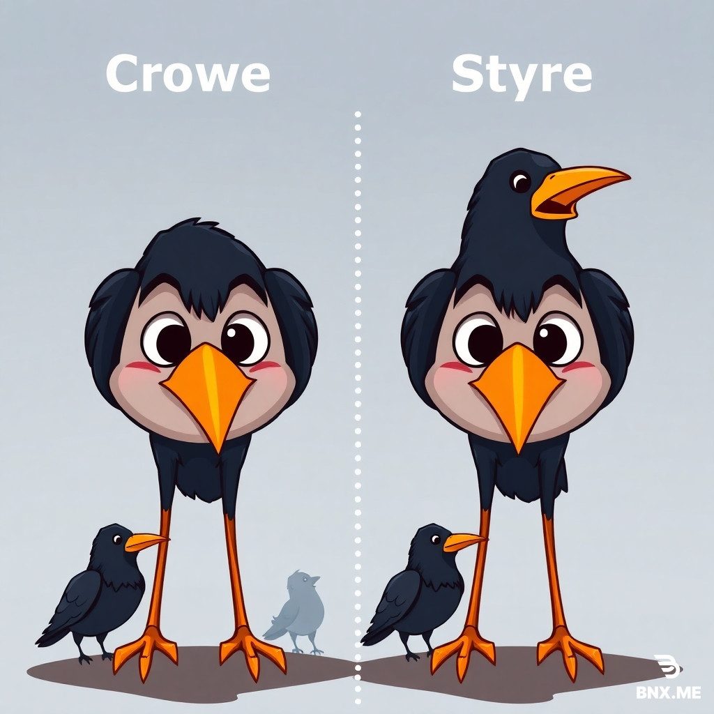 Create an 2 identical on same page of crows with text above of the.group name. Also with one of the images create 5 small change for the viewer to spot the difference in cartoon form.   Add more than 5 crows. Also add the text above of the group name. Ie: murder