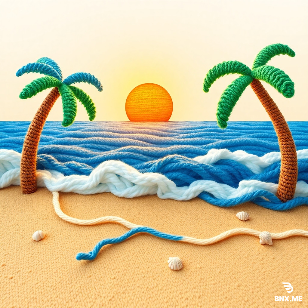 Digital illustration of a beach scene crafted from yarn. The sandy beach is depicted with beige yarn, waves are made of blue and white yarn crashing onto the shore. A yarn sun sets on the horizon, casting a warm glow. Yarn palm trees sway gently, and little yarn seashells dot the shoreline.