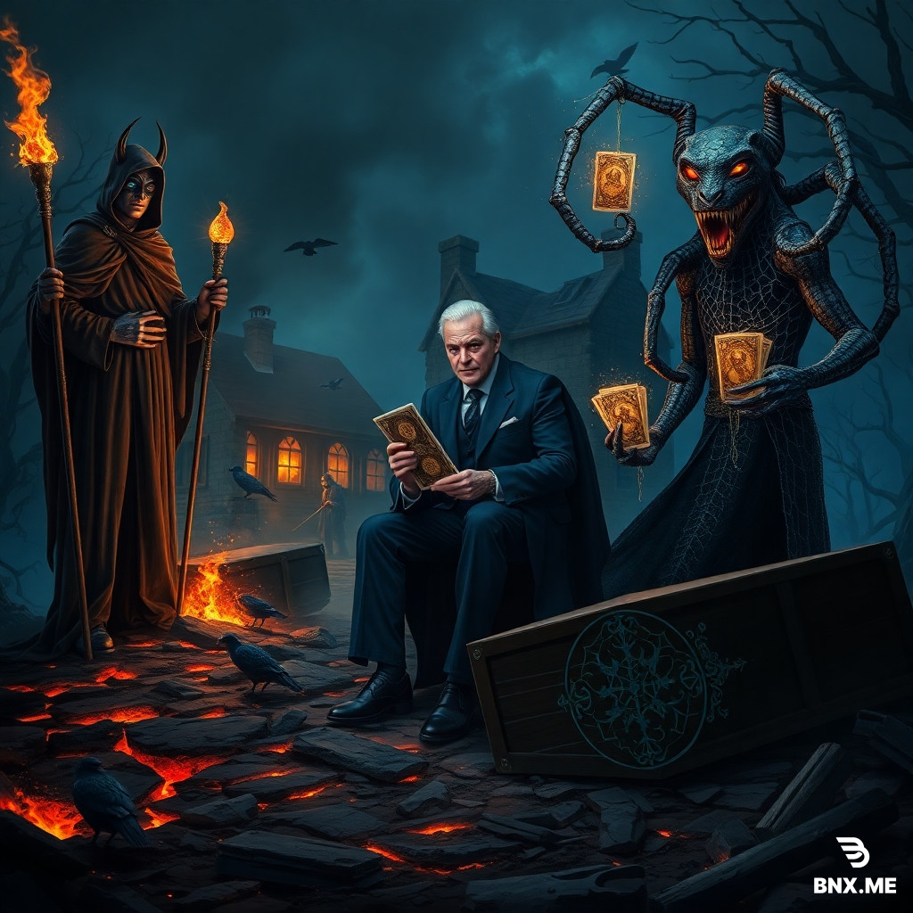 Epic dark fantasy scene, three powerful entities gathered on a ruined crossroads at night. Left: tall figure in smoldering cloak, iron mask, holding staff with glowing ember, standing in scorched earth, fiery cracks around him. Right: eerie humanoid with spider head and lion-like mane, draped in black robe with silver web embroidery, holding a web staff, eight glowing blue eyes. Center: a smug man in elegant dark blue suit with golden eyes, sitting casually on an overturned ornate coffin, holding a deck of glowing arcane tarot cards, cards floating in the air. Background: burnt remains of a tavern, dark forest with twisted branches, ravens, faint figures of a priestess and a cultist. Atmosphere: oppressive, blue and orange lighting, spider webs glistening with frost, sparks flying, high detail, cinematic lighting, oil painting style, dark fantasy, gothic.