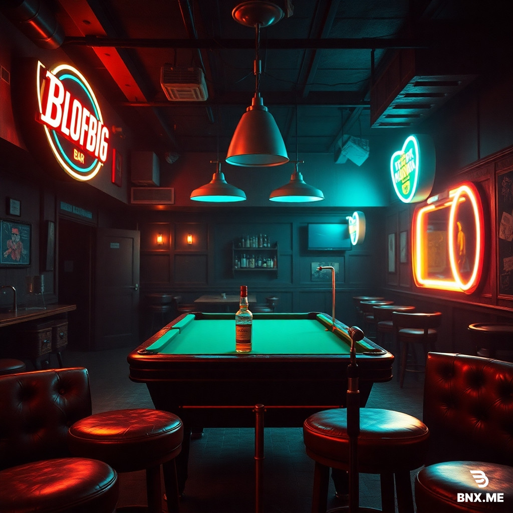 Bar rock album cover, gritty dive bar interior, neon sign glow, pool table, whiskey bottle, worn leather stools, vintage mic stand, dark moody lighting, cinematic, film grain, textured, 4K, bold typography space at top, classic rock aesthetic”