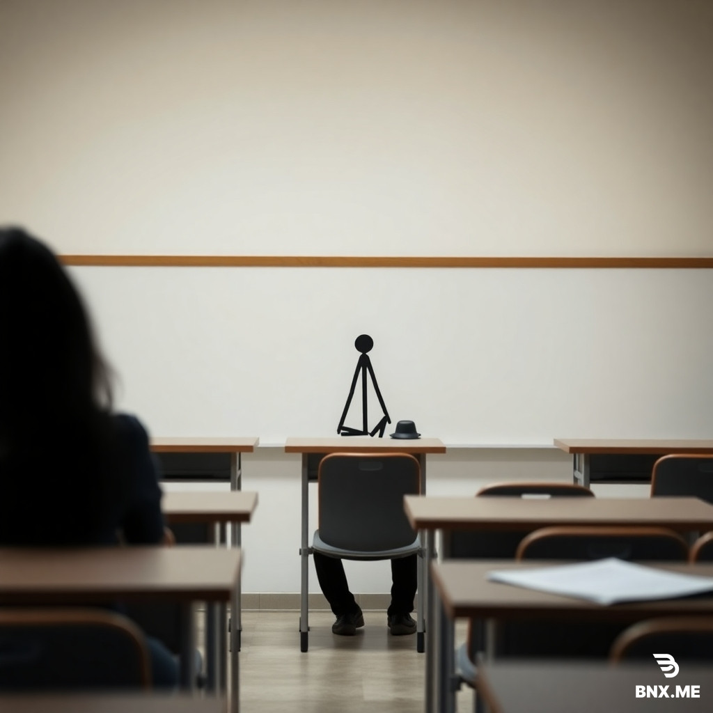 Minimalist stickman classroom, student sitting quietly, cinematic zoom feeling, educational documentary style, soft lighting, vertical composition
