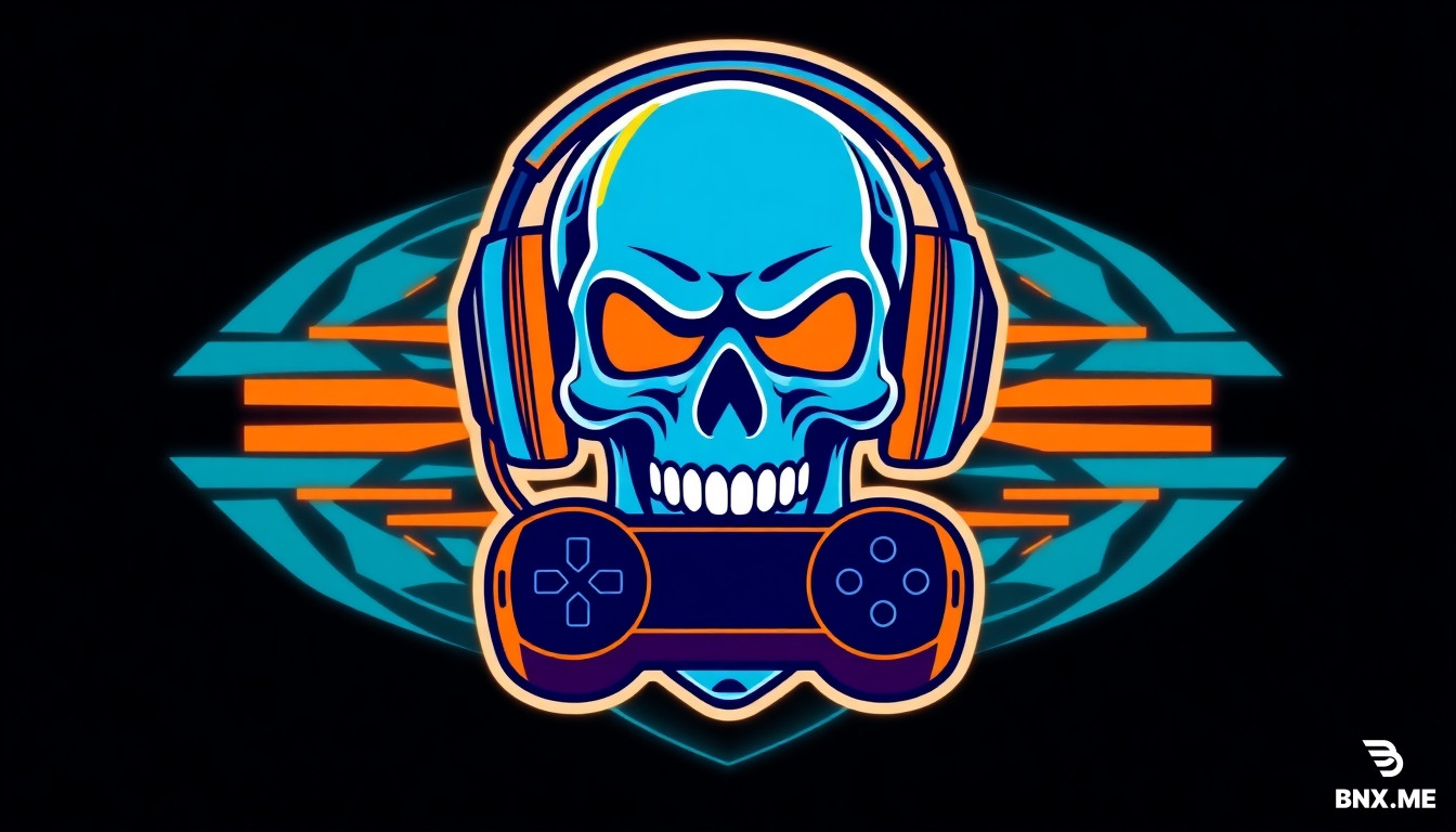 a cool esports logo for a streamer, stylized as a cyberpunk skull with gaming headphones and a controller, neon blue and orange colors, flat vector art, avatar design, transparent background