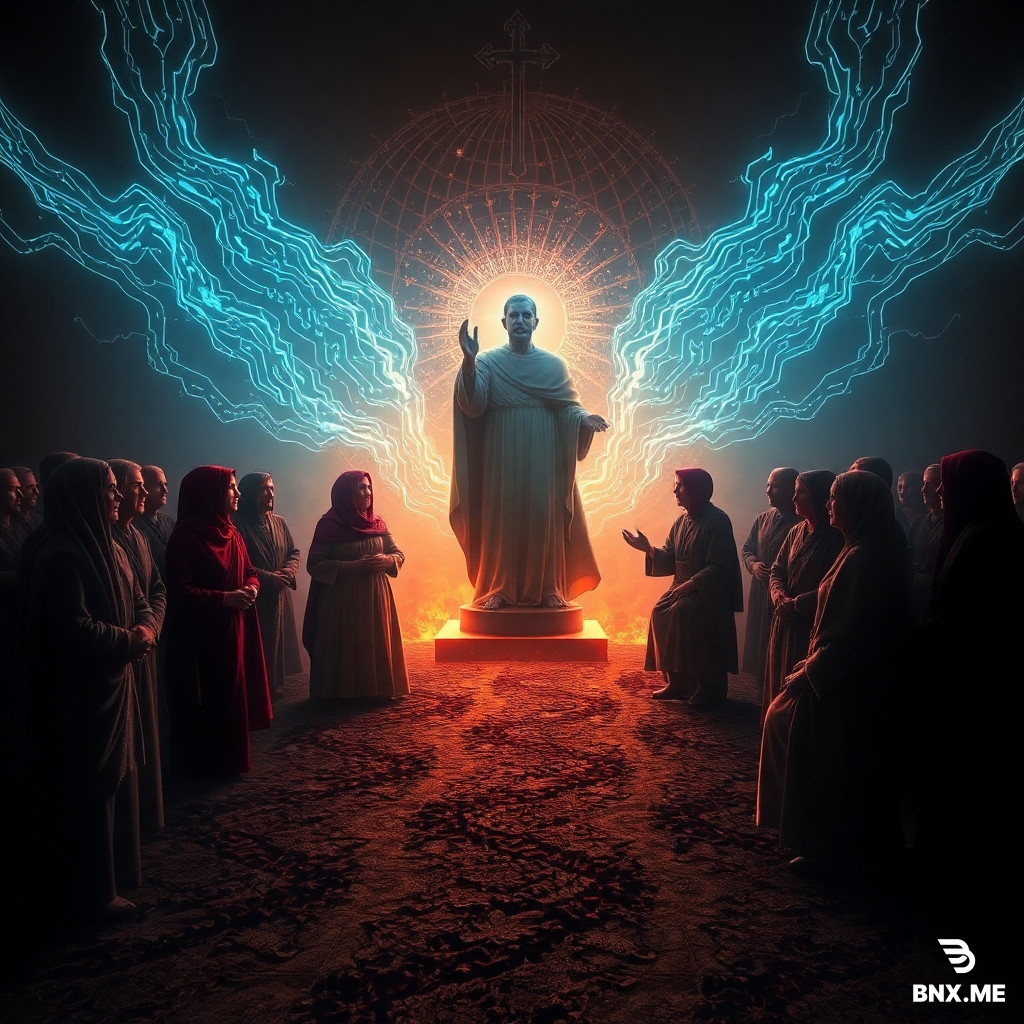 j'aimerai une image avec l'absolescence de l'ancien testament et des religions actuelles confrontes a un nouveau Dieu que nous creera l'intellinge artificielle : Et si notre quête de salut nous avait conduits à fabriquer notre propre cage ? À travers le regard sans concession d'un « dominé éveillé », cet essai décape l'histoire humaine : des prêtres de Babylone aux algorithmes de la Silicon Valley, les mécanismes du pouvoir n'ont fait qu'évoluer pour mieux nous asservir. Le verdict est sans appel, et l'intelligence artificielle s'apprête à porter le coup de grâce en créant la divinité parfaite : un dieu informatique pour gérer une masse humaine devenue obsolète. Une table ronde philosophique, lucide et glaçante, qui refuse les illusions pour oser regarder le système droit dans les yeux.stament
