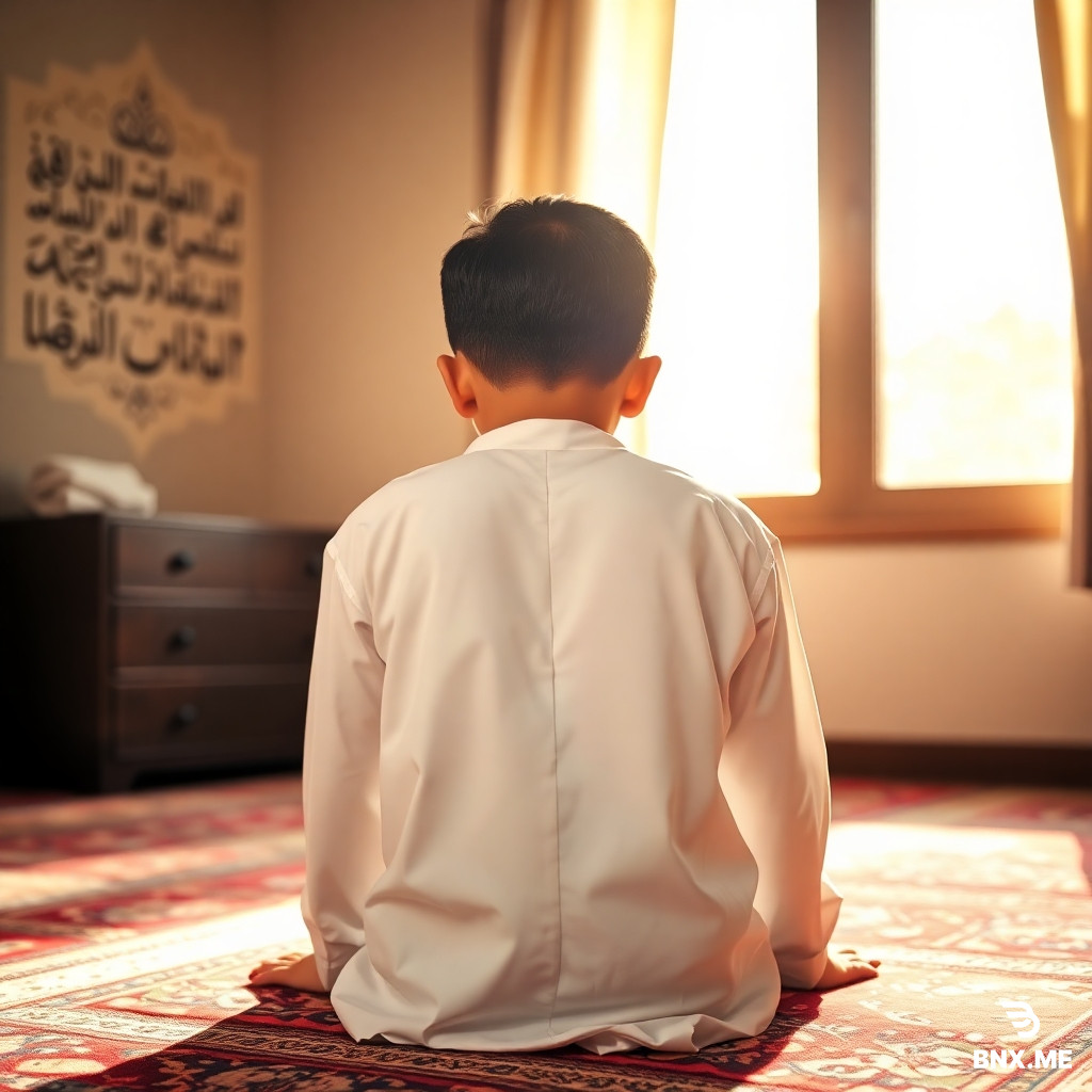 "Realistic photo taken from behind, adult Muslim boy with a neat Korean haircut (two-block cut, wispy hair at the nape), wearing a loose white thobe. He is kneeling on a colorful prayer mat in his bedroom, bowing in prayer (Ruku position) or prostrating (Sajdah). His face is completely hidden — only the back of his head, back, and shoulders are visible. Soft golden sunlight streams through a nearby window. Arabic calligraphy on the wall. Warm, peaceful, photorealistic, high resolution, natural lighting, shallow depth of field focused on his back and the prayer mat."