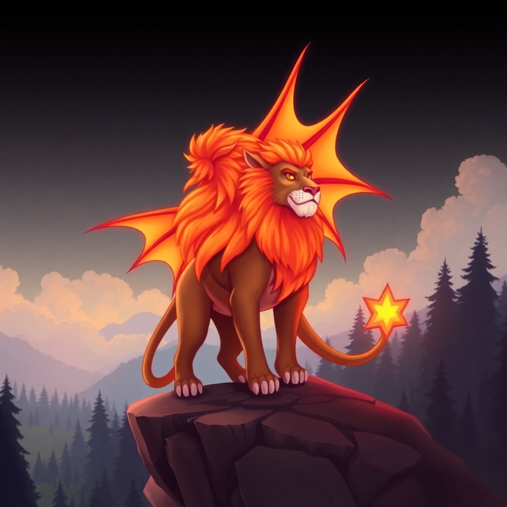 m1st1c,  A majestic lion with dragon wings and a mane that glows like a sunset, standing proudly on a cliff overlooking a magical forest.  , in the style of m1st1c