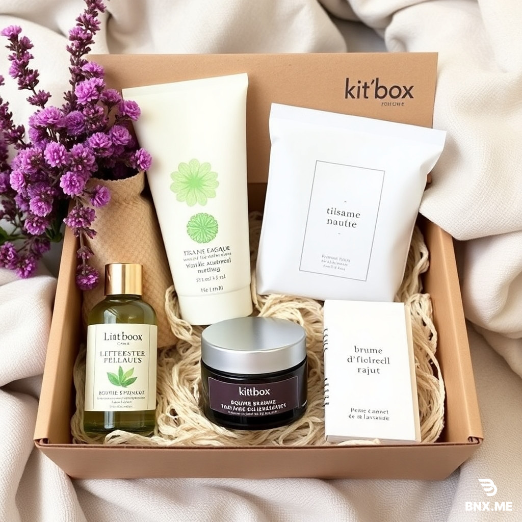 image pack of confort (medium boxe ) \ for a boutique to sell them called kit'box Bougie naturelle, tisane bio, baume à lèvres, chaussettes moelleuses 	Masque de nuit en soie, brume d’oreiller à la lavande, petit carnet « rêves »