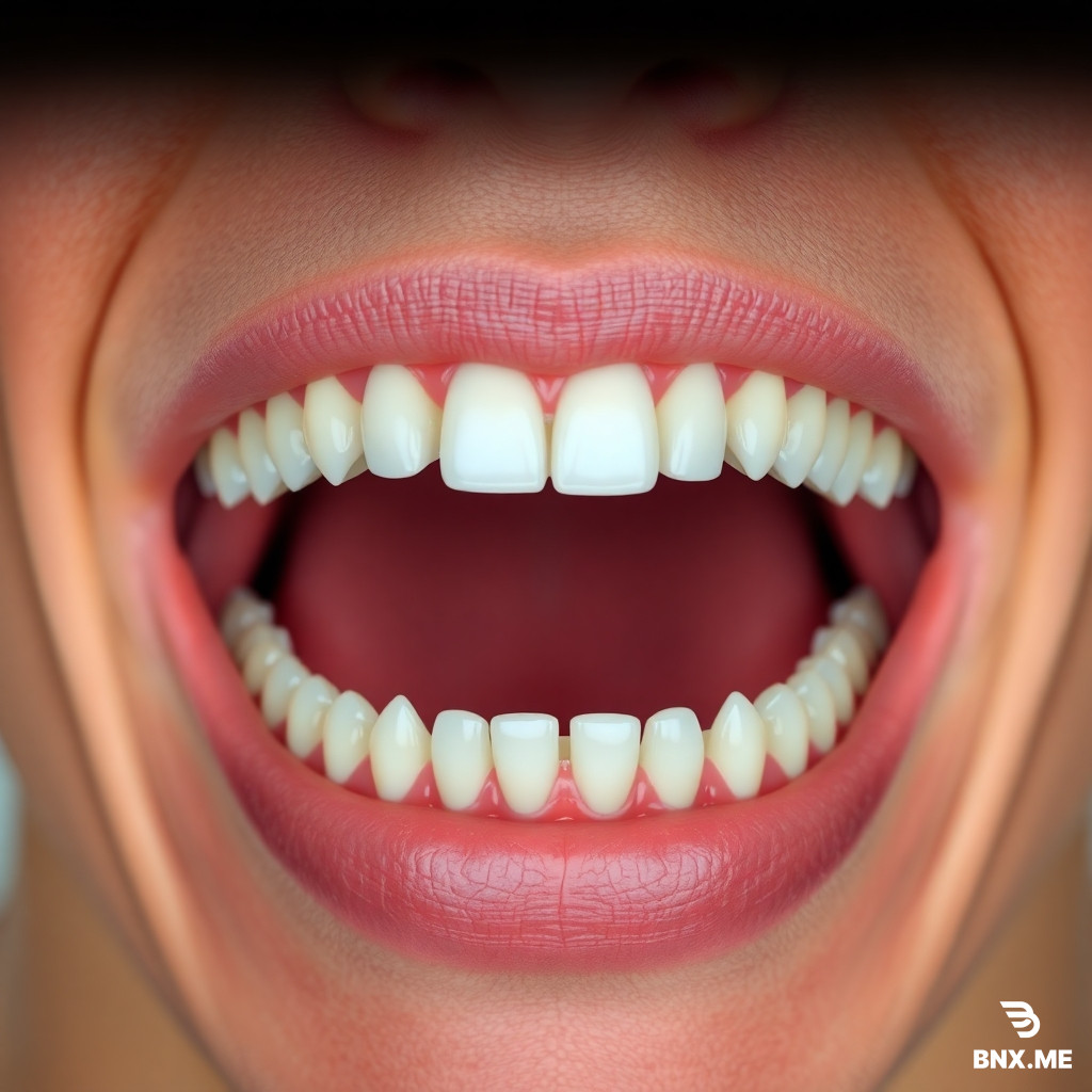 A realistic human mouth with triple the normal number of teeth. The lips and surrounding facial skin appear natural and human. The mouth is slightly open, revealing three tightly packed rows of small, narrow teeth on both the upper and lower jaws. Teeth are evenly spaced and realistic, with pink gums visible between rows. Anatomically plausible structure, neutral expression, high-detail medical illustration mixed with subtle sci-fi realism, soft clinical lighting, sharp focus, photorealistic textures.