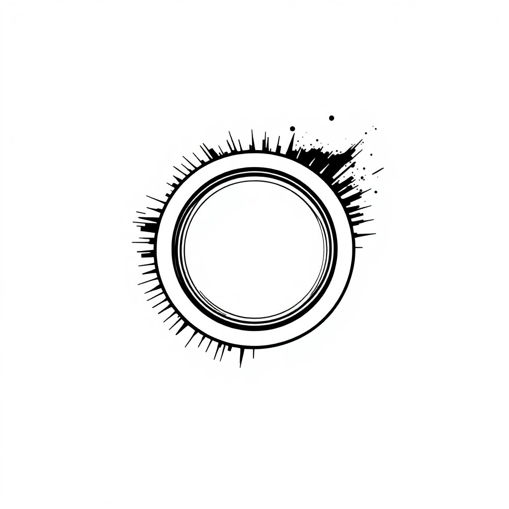 Abstract logo for a band photographer. A minimalist outline of a camera lens. The top half of the lens rim dissolves into dynamic, fast speed lines or abstract dust motes. Kinetic energy, editorial photography branding, vector graphic, black lines on white, modern, rebellious --no text --stylize 250