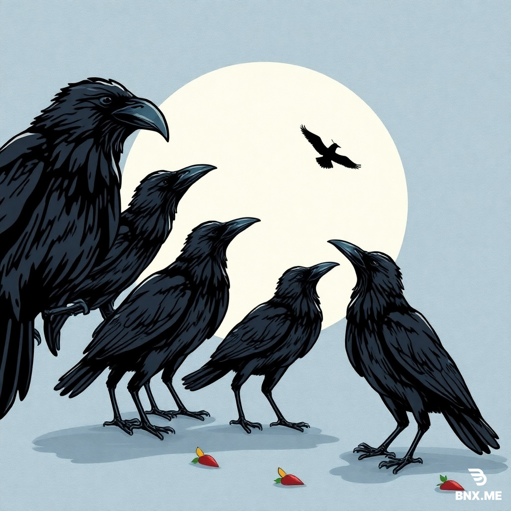 CREATE A CATOON IMAGE OF A MURDER OF CROWS. DUPLICE THE IMAGE BUT IN ONE IMAGE MAKE 5 SUPPLE CHANGES FOR THE VIEWER TO FIND. ALSO AT THE TOP OF THE PAGE PUT THE WORD "MURDER OF CROWS"