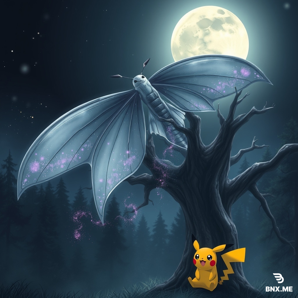 Moonmoth hovers silently above a moonlit forest. Its enormous silver wings shimmer with tiny stars, while pale purple dust drifts from them like glowing snow. Below, a curious Pikachu watches from behind an ancient tree as the full moon illuminates the entire scene.