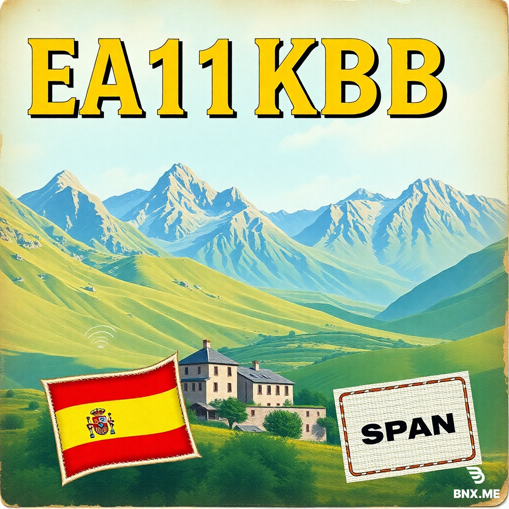 A vintage-style QSL card for amateur radio station EA1KBB, with a prominent and bold call sign. The background is a scenic, painterly landscape of Cantabria, Spain, featuring the dramatic peaks of the Picos de Europa mountains, green valleys, and a traditional stone village. In the corner or at the bottom of the card, include a small, sewn-on fabric patch of the Spanish flag. The image has a retro, not-too-realistic illustration feel, similar to a classic travel poster or a 1970s postcard. Include subtle ham radio elements like a stylized radio tower or antenna silhouette, and radio waves. The color palette should be warm and nostalgic, with earthy tones and soft lighting.
