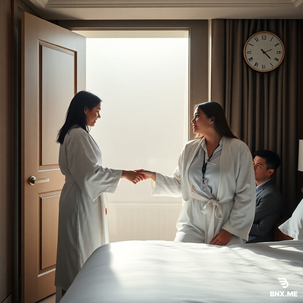 Hotel room scene, view from the bed toward the door. A woman with wet hair stands at the door in a white bathrobe. The robe is open, untied, slipping off one shoulder, revealing it. She gently holds the hand of a young woman in a business jacket and white blouse with a large bust, inviting her inside. The young woman wears a name badge. A man sits on the bed watching them. He is young and also wears a robe. Morning light streams through the window. Round wall clocks above the door show around 12:00. Realistic style, cinematic lighting, soft shadows, high detail, 8k.