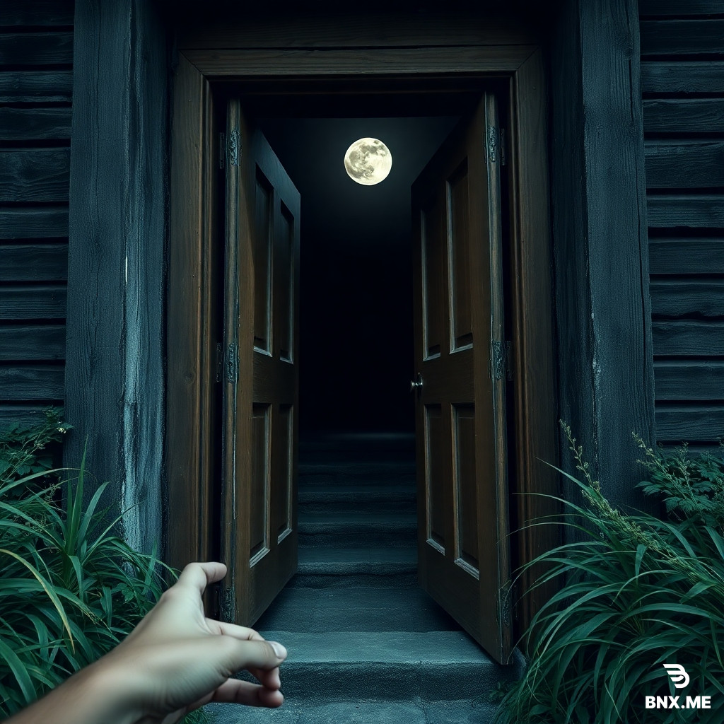 "First-person POV of wooden front door slightly open, creaking on rusty hinges, dark entrance visible inside, old stone steps, full moon overhead, overgrown weeds on sides, ultra-realistic, horror aesthetic, POV shot, 8k resolution, high contrast, vertical 9:16."