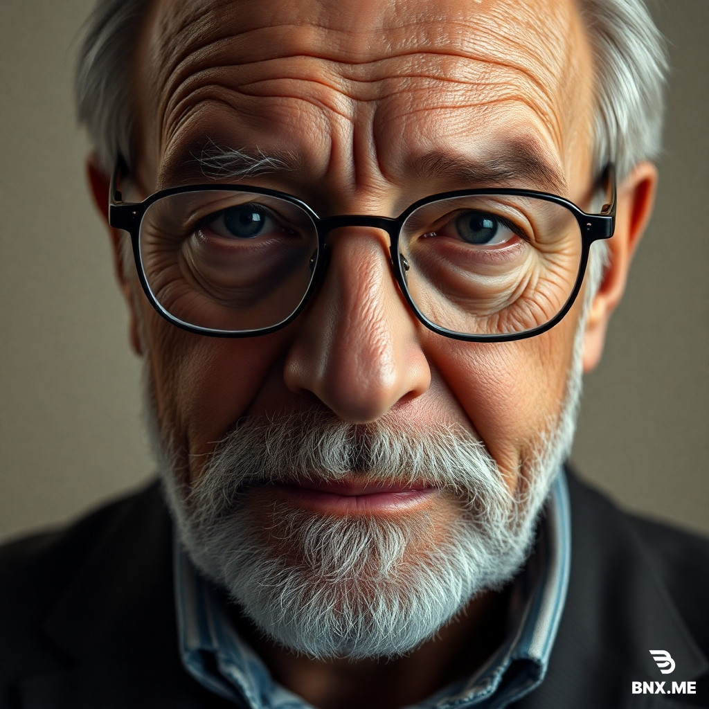 A realistic close-up portrait of an elderly man with deep wrinkles, a gray beard, and thick-rimmed glasses, neutral background, high-resolution photography, cinematic lighting --seed 1