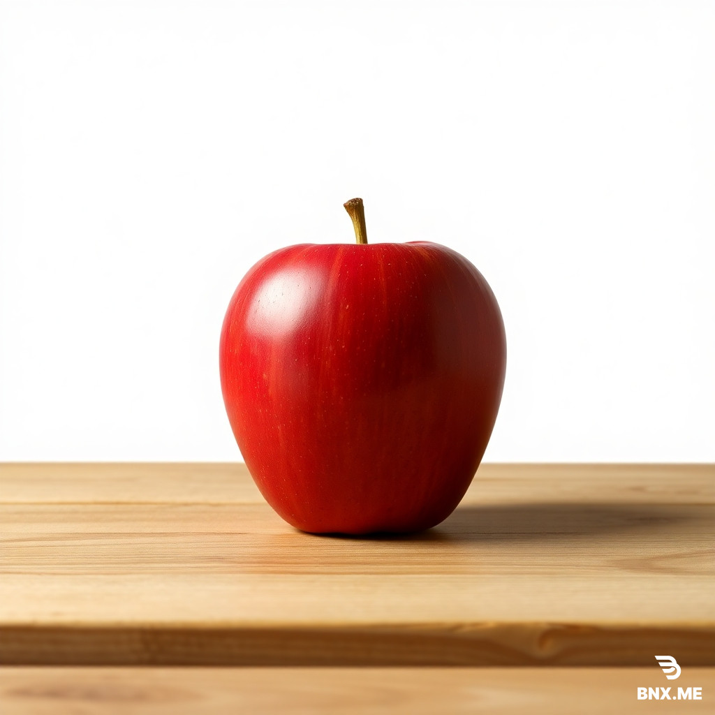 A single red apple sitting on a wooden table. White background. No other fruits. No plate. No knife. Photorealistic, 8K.