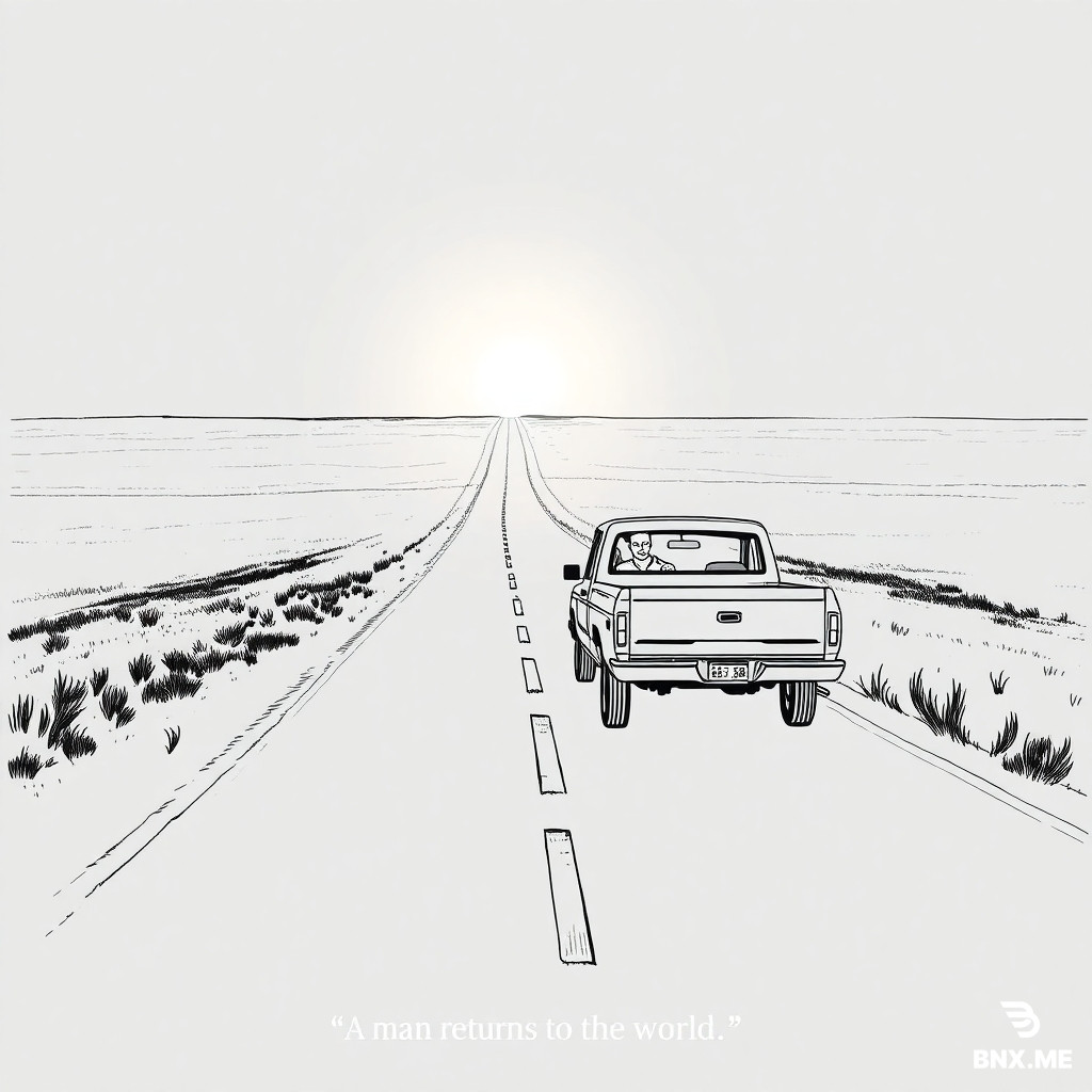 Arrival — “A man returns to the world.”  clean storyboard line drawing, 2.39:1 landscape, neutral silhouettes, man driving an old pickup truck along an endless Kansas road under low dusk sun, wide horizon, solitary mood, grey tone wash, caption: “A man returns to the world”