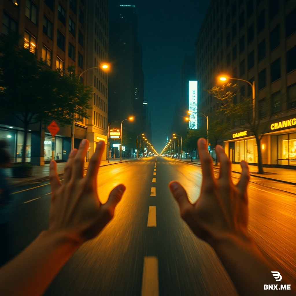 First-person perspective of a night run on a wet city street. Blurred hands and arms in foreground, motion blur, dynamic movement. Yellow streetlights reflecting off puddles, neon signs, empty road ahead with vanishing point. Tall buildings, some lit windows, trees with glowing lamps. Moody, cinematic, hyper-realistic, 8k, shot on 35mm film, warm orange and cool blue tones.