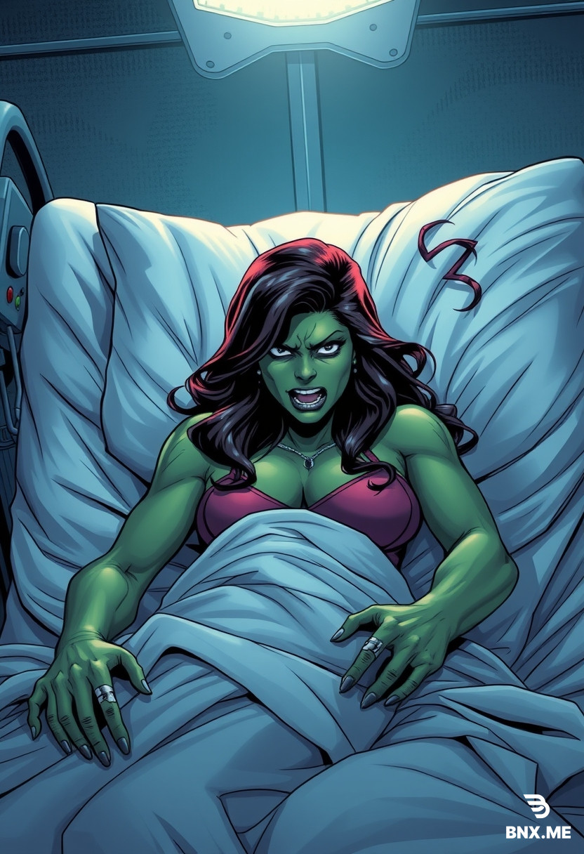 similar to she-hulk in a hospital bed angry trying to escape
