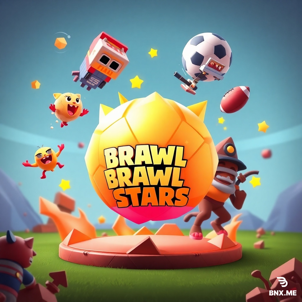 3D-рендер в стиле Brawl Stars, игровая обложка для YouTube, соотношение 16:9. На переднем плане по центру — крупный взрывающийся звездный сундук, из него в разные стороны летят золотые кубки и сверкающие алмазы. На среднем плане по кругу парят эксклюзивные кеды Adidas и футбольные мячи с яркими текстурами. На заднем плане — тёмный нечёткий силуэт геймера с планшетом в руках. Вся левая часть кадра — тёмная, пустая, без объектов и надписей (зарезервирована для крупного заголовка). Динамичный диагональный ракурс снизу вверх. Оранжево-синий неоновый контраст, объёмный глянцевый свет, насыщенные сочные цвета, киберспортивная атмосфера. Без текста, букв, цифр, логотипов, водяных знаков и лишних мелких деталей.