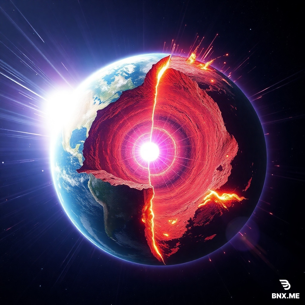 A cross-section dramatic view of planet Earth fracturing from the inside out. At the exact center of the Earth's molten core, an ultra-bright, subatomic point of energy is releasing a catastrophic explosion of blinding white and purple gamma-ray radiation. The immense outward radiation pressure is violently shattering the Earth's mantle and crust into massive, glowing, molten pieces of planetary shrapnel. Oceans are flash-boiling into space, continents are splitting apart, and bright plasma fire vents from the cracks. Sci-fi cinematic concept art, highly detailed, high-stakes planetary destruction.