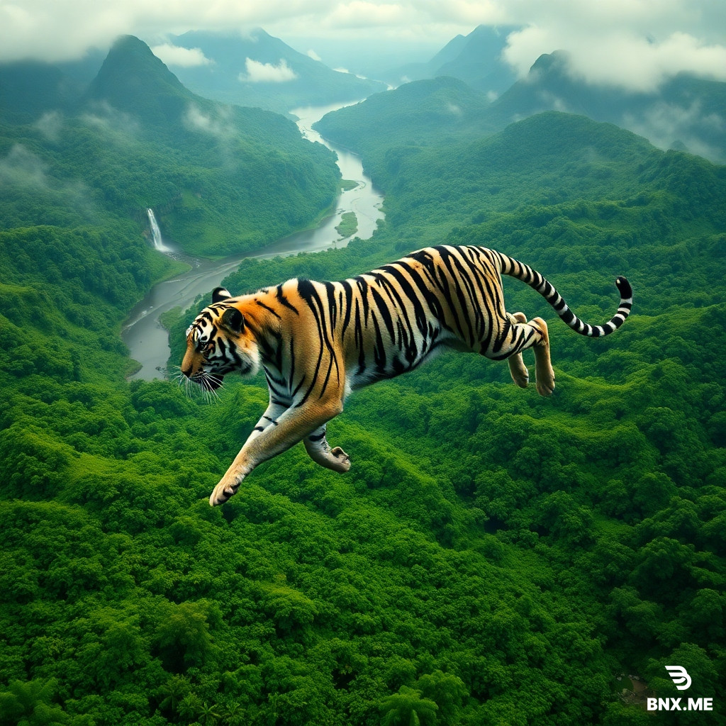 A high-angle photorealistic aerial scene of a dense tropical jungle with rivers, waterfalls, and misty mountains. Across the green forest floor stretches a gigantic anamorphic black and white tiger in mid-pounce, its body distorted naturally by the terrain and perspective. The jungle vegetation remains vivid green while the tiger artwork dominates the center. Hyper realistic lighting, cinematic jungle atmosphere, drone shot, intricate details, realistic shadows and terrain integration.