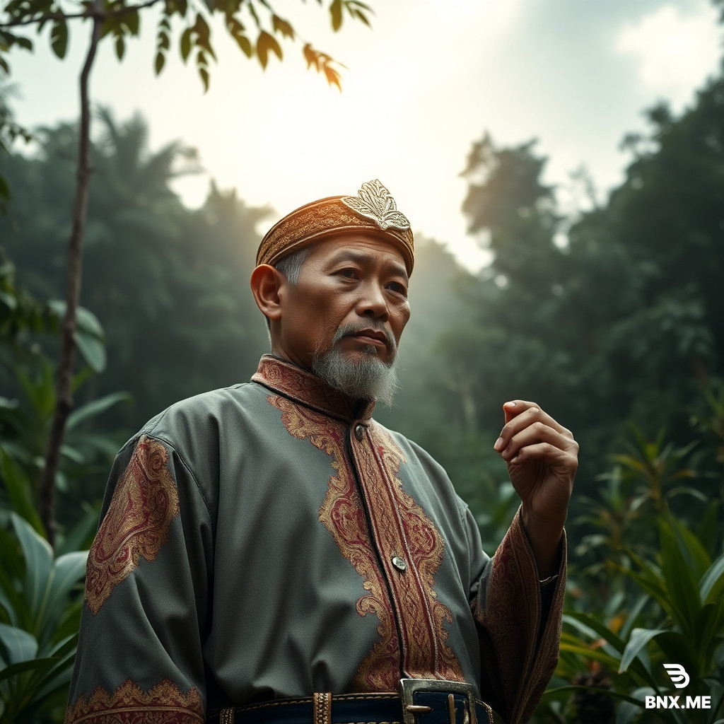 Potret sinematik dan fotorealistik dari seorang prajurit buaya yang ganas sebagai karakter utama, berlatar di dalam hutan lumut kuno dan mistis. Buaya tersebut menampilkan bekas luka pertempuran suku yang rumit dan dihiasi dengan baju zirah detail yang terinspirasi dari Indonesia, terbuat dari kayu gelap, filigran emas, dan anyaman rotan. Latar belakang hutan lebat dipenuhi dengan tanaman merambat yang menjuntai, flora yang bercahaya, dan kabut volumetrik atmosfer yang ditembus oleh sinar matahari dramatis yang menyaring melalui kanopi yang tebal. Diambil dengan lensa 85mm, aperture f/1.4 untuk kedalaman bidang yang dangkal, menciptakan fokus tajam pada reptil ganas dengan latar belakang bokeh yang indah dan buram. Pencahayaan chiaroscuro yang dramatis dan muram menyoroti tekstur sisik yang basah dan lumut yang lembap. Tipografi yang berani dan bergaya terintegrasi dengan mulus ke dalam adegan, menampilkan teks "INeW/INDONESIAN Warrior" yang ditampilkan secara mencolok, dengan julukan yang lebih kecil "40 jie" ditempatkan dengan elegan di atasnya. Gaya seni konsep fantasi epik, tekstur yang sangat detail, gradasi warna dalam warna teal dan emas --ar 1:1 --v 6.0