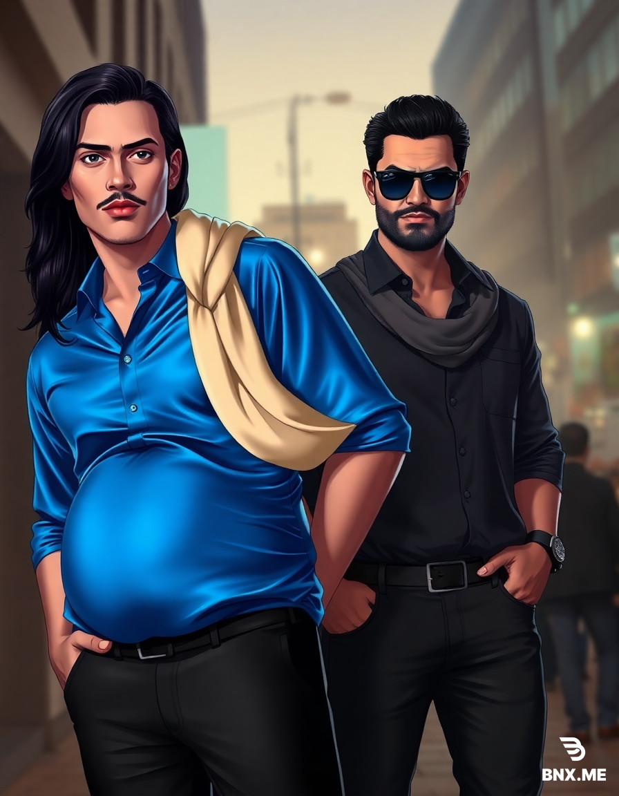 A 30-year-old Persian man (Sam) with long black hair, fully shaved face, thin eyebrows, glossy red lipstick, wearing a shiny bright blue satin shirt (stretched over a round pregnant belly), a cream silk scarf wrapped over his hair with a knot under his chin, tight black pants. His 28-year-old Persian friend (Saeed) is standing beside him, wearing sunglasses and a serious, confident smirk. Both are looking at the camera with bold, intense expressions. Urban background, dramatic lighting, photorealistic, cinematic, 8k.