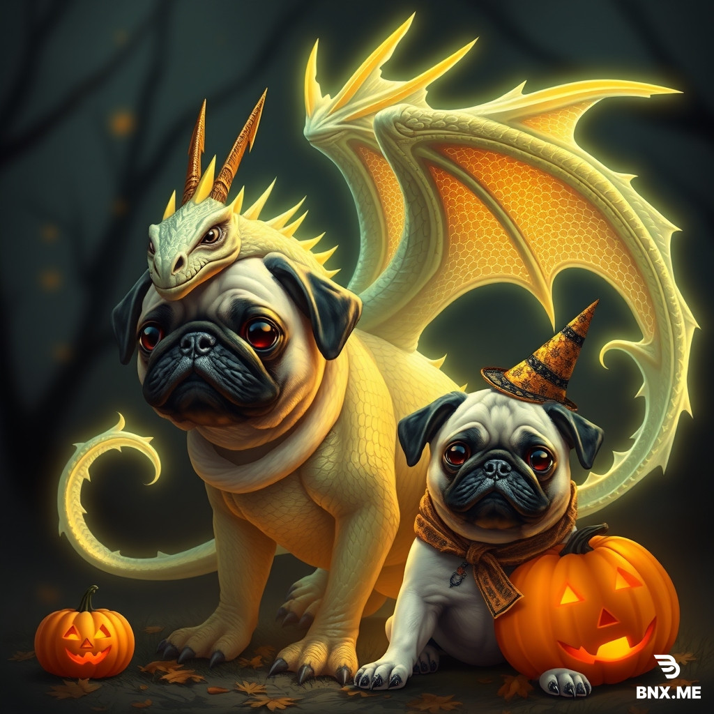 Please generate and image of a dragon similar to the light fury and a pug with a halloween theme