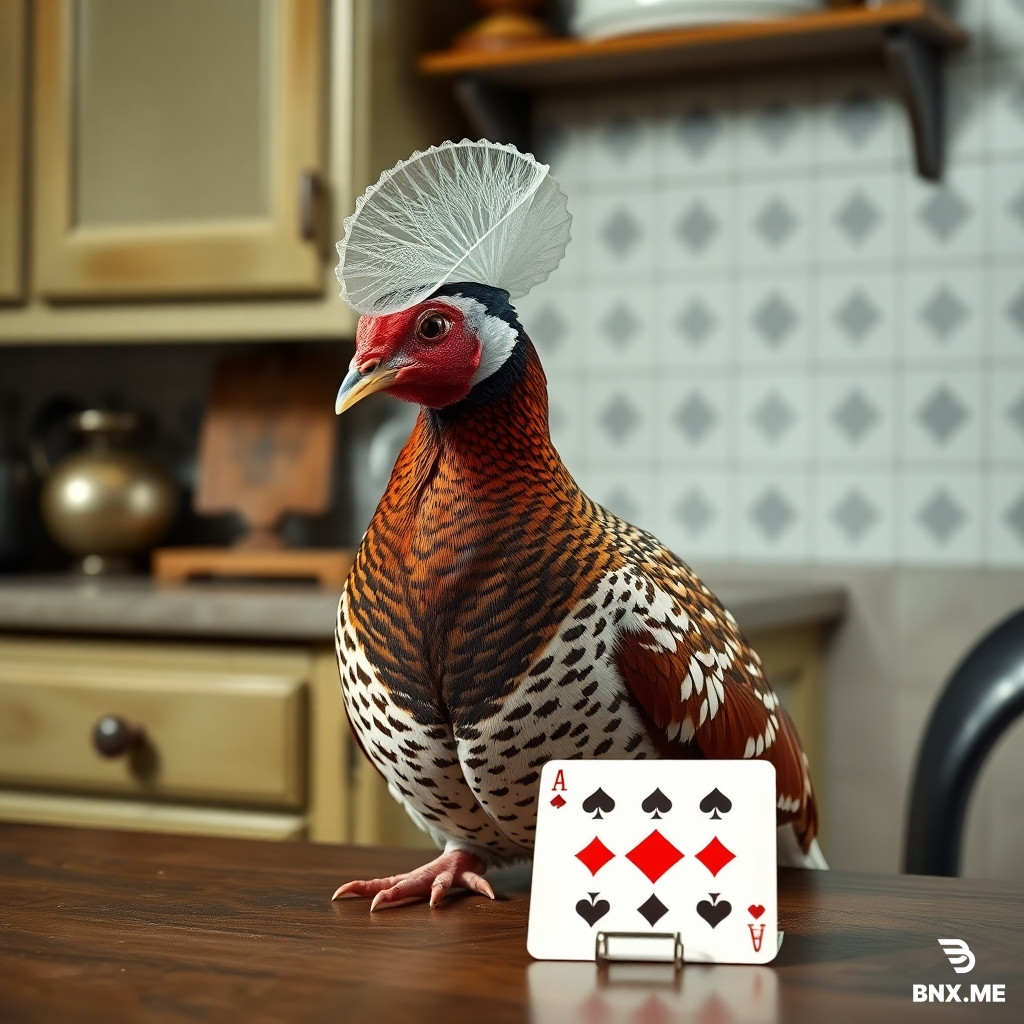 Realistic partridge with bonnet and waistcoat in 1880s kitchen, Ace of Diamonds in front of it on table, natural pose, looking at card. No humans.