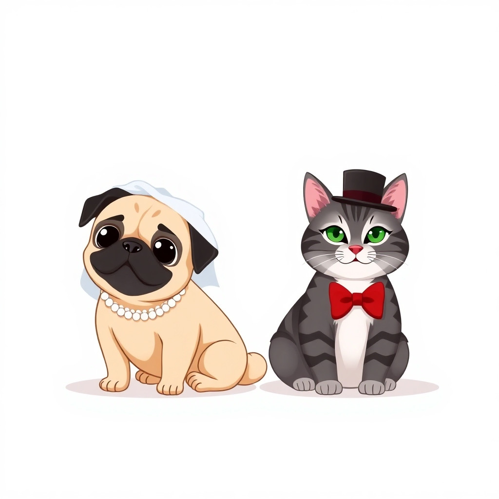 A square wedding invitation card, Disney animated style, isolated on a clean white background, a cute pug dog wearing a white bridal veil and pearl necklace, sitting next to a cute gray tabby cat with black stripes, a dark gray-black back, and a pure white belly, the cat wearing a black top hat and a red bow tie, both pets sitting side by side, looking happily at the viewer, simple elegant composition, flat vector illustration, soft shadows, no background elements, plenty of empty white space around them for text overlay, 1:1 aspect ratio.