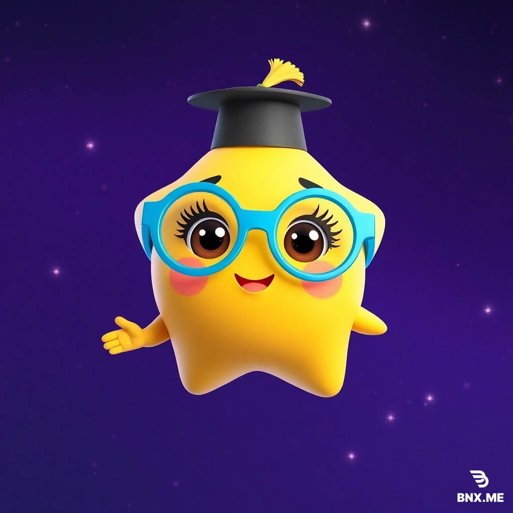 "3D animated cute golden star character Lumi with oversized round baby-blue glasses slightly crooked, tiny tilted graduation cap with dangling gold tassel, big round brown eyes with long eyelashes and shiny catchlights, rosy pink cheeks, small heart-shaped smile, short chubby arms, floating in from left of deep purple night sky with twinkling stars, waving at camera, happy expression, Pixar style, 8k resolution, soft volumetric lighting, vibrant colors, vertical 9:16."