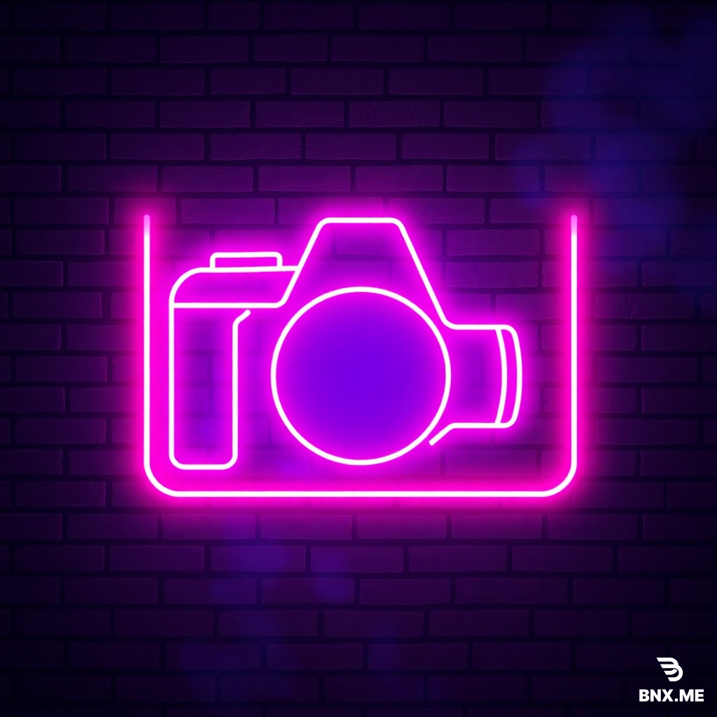 Neon sign logo for a photographer. The silhouette of a camera body or lens shape drawn in glowing magenta and cyan neon tubing. Realistic light bloom and haze effect on a dark charcoal brick wall background. Cyberpunk edge, music venue vibe, high resolution, ultra detailed --ar 2:1