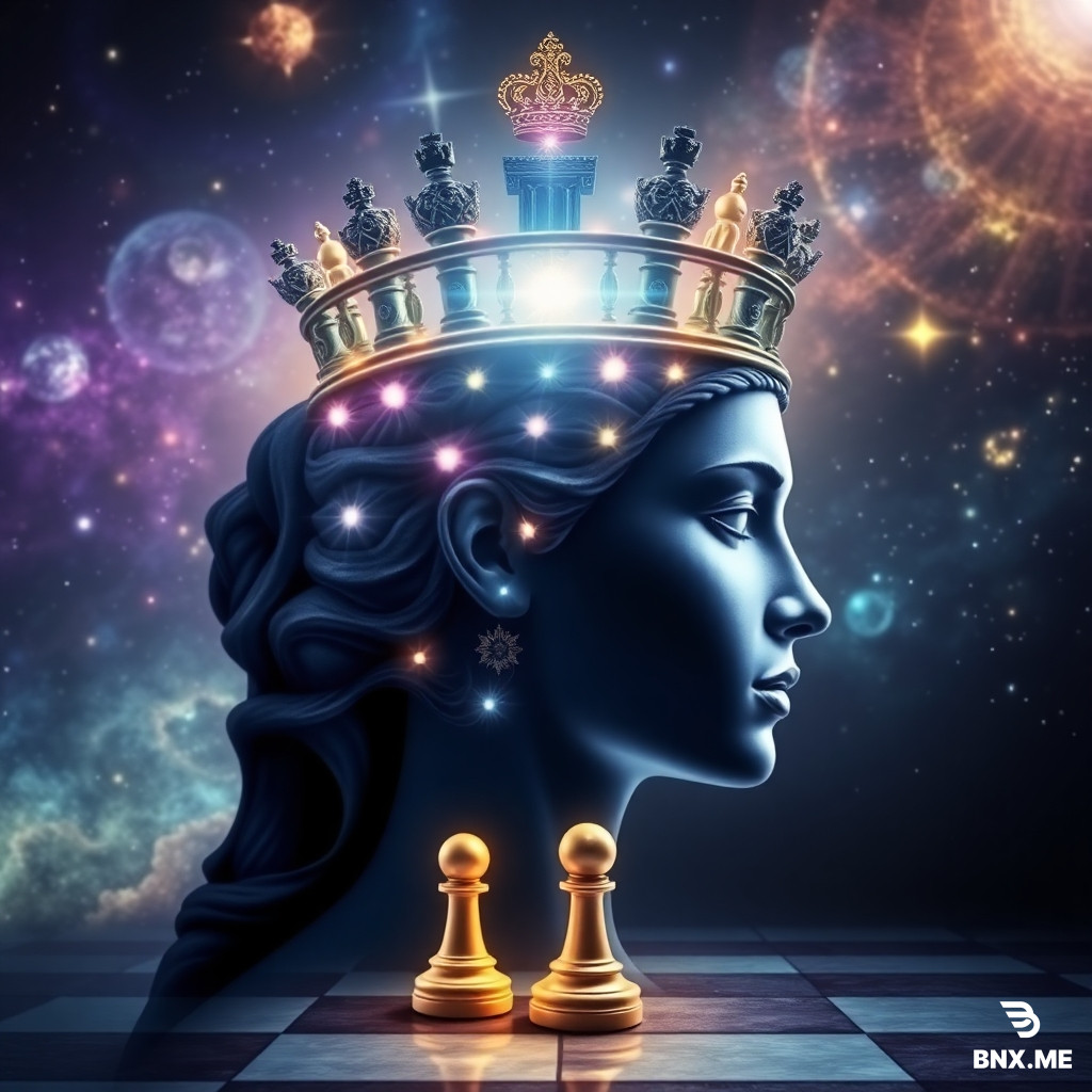 Inside the mind of the chess queen, spiritual queen consciousness, her head made of a glowing chessboard, each chess piece representing a thought or emotion, luminous crown of light, cosmic background, mystical, symbolic, surreal, ultra detailed