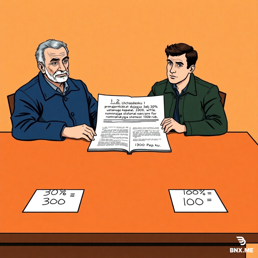 Colorful european comic book style, ligne claire, clear black ink outlines, flat colors, no shading. Two men sitting at a wooden brown table. Left: elderly Sidorov (dark blue jacket, gray hair, wrinkles). Right: young Petrov (dark green jacket, short dark hair). On the table between them: a large open contract with visible text "1.2. Uchastniku 1 prinadlezhit dolja 30% ustavnogo kapitala nominalnaja stoimost 3000 rub. Uchastniku 2 - 10% nominalnaja stoimost 1000 rub." Next to the contract, two large bold numbers drawn on white cards: "30% = 3000 руб." and "10% = 1000 руб." with a simple drawing of a coin icon next to each (circle with "₽"). Above each man's head: empty white speech bubble, completely empty. No other people. Background pale orange. Flat colors.