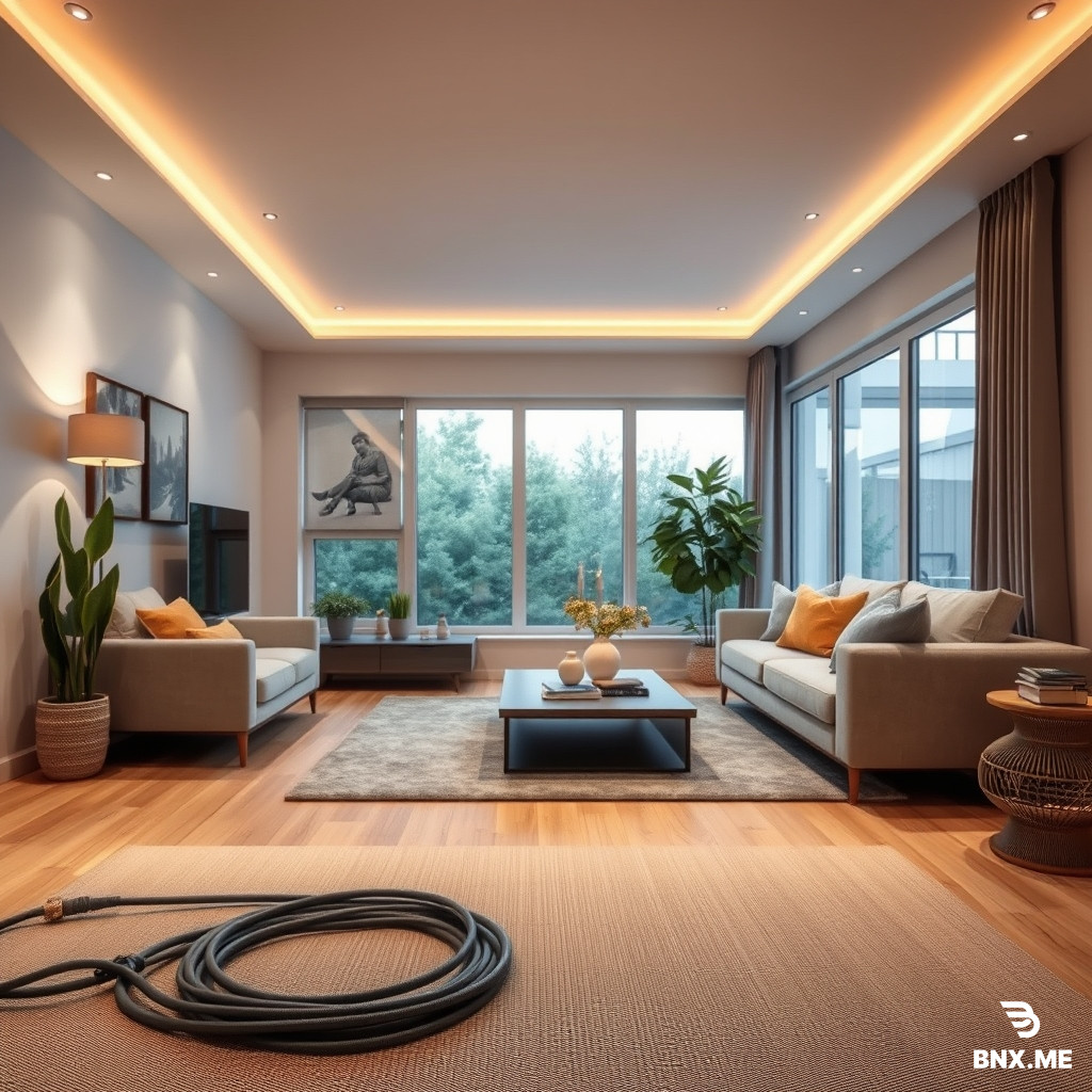 show a very cosy and modern living room showing radiant heating floor cable in the foreground in a beautiful style