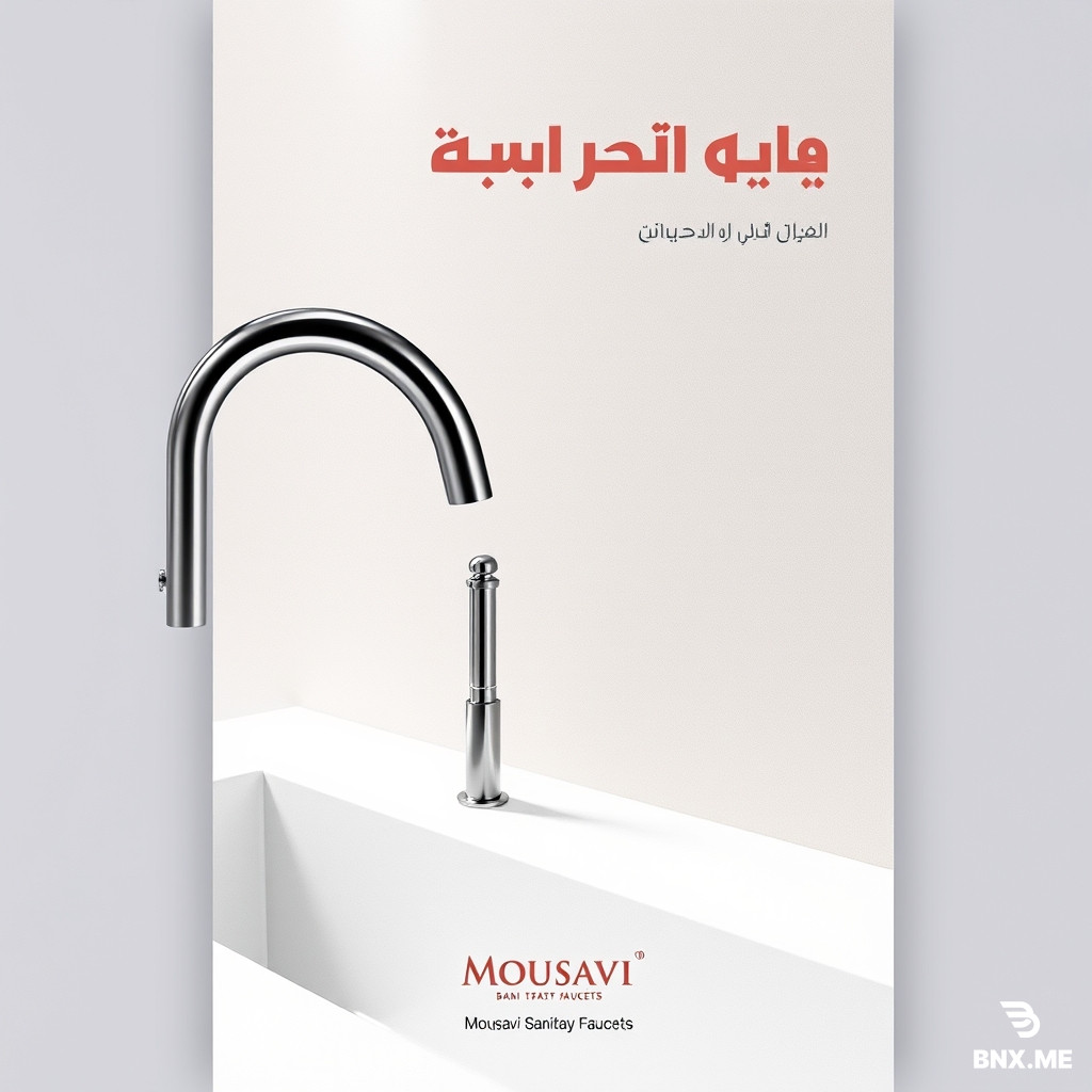 I need posters for Mousavi sanitary faucets. Please select designs that suit a luxury kitchen theme and feature "piano-style" (or panel-style) faucets. I would like 10 different designs—ranging from minimalist to realistic styles—with all text in Persian and the brand name "Mousavi Sanitary Faucets" included (without the logo).