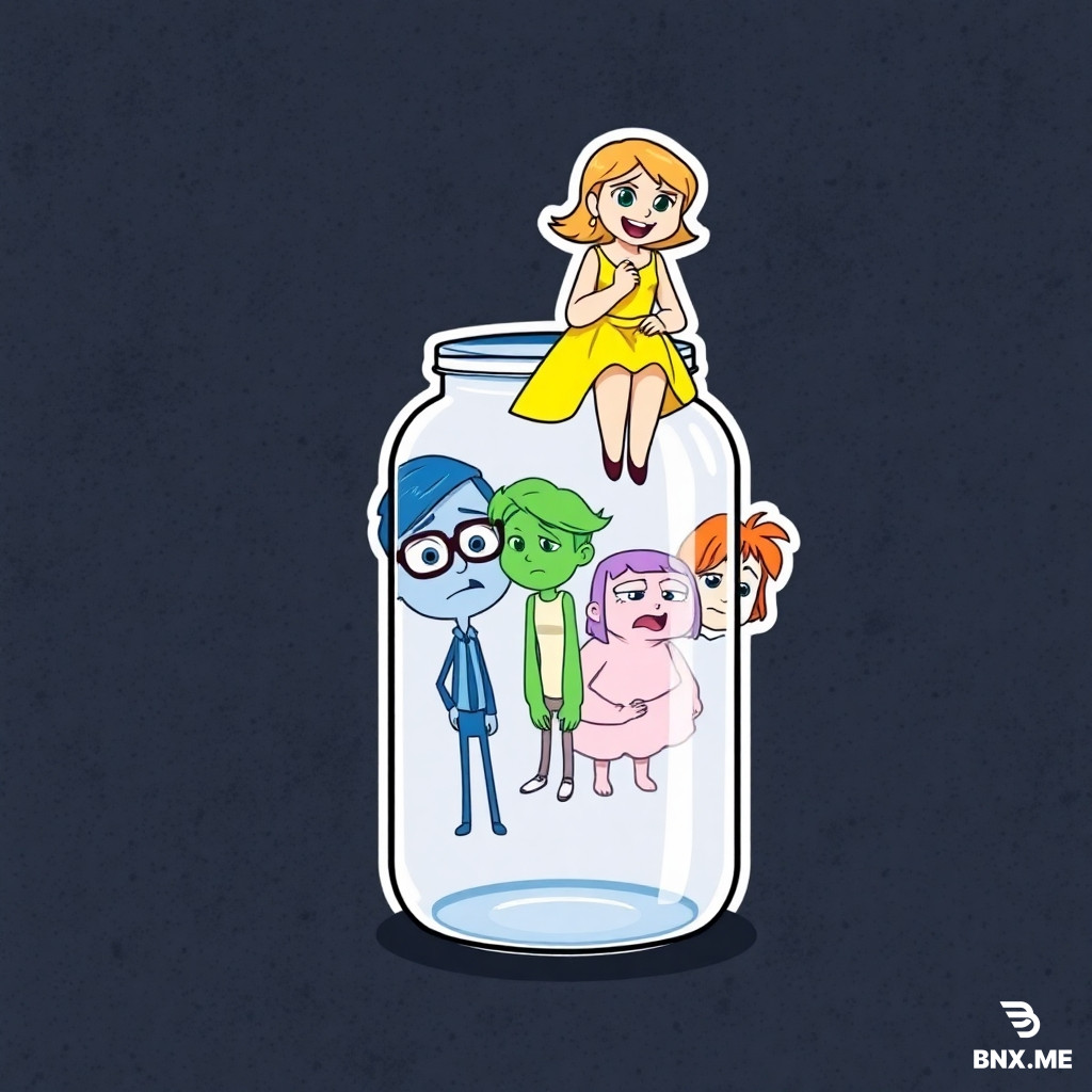 Flat, cartoon-style drawing with highly saturated colors and thick black borders, like a sticker or poster. Set against a dark asphalt texture background. A large, clear glass jar stands upright. Inside are the emotions from Inside Out 2: Anger (red, angry), Sadness (blue, wearing glasses), Disgust (green, in a disgusted pose), Fear (light purple, trembling), and Anxiety (orange, disheveled). On the lid, Joy (bright yellow, wearing a dress) sits with her legs dangling, smiling broadly. Clear line style, no complex shading. Simplified design intended for painting with a brush and enamel paint.