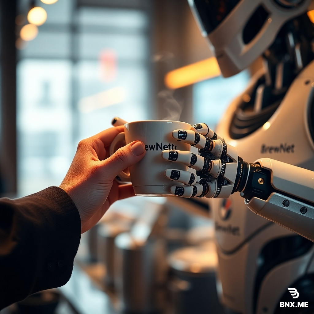 A cinematic, hyper-detailed poster of a futuristic robot barista handing a steaming ceramic cup of coffee to a human customer - extreme close-up on both sets of hands and fingers, showing mechanical articulation and soft, realistic human skin. The robot has a small logo on its chest that reads «BrewNet» in clean sans-serif, warm cinematic rim lighting, shallow depth of field, 8k detail, photorealistic, subtle film grain. Emphasize realistic fingers and correct anatomy, no extra or missing digits, no floating limbs. Include a faint cityscape bokeh in the background.