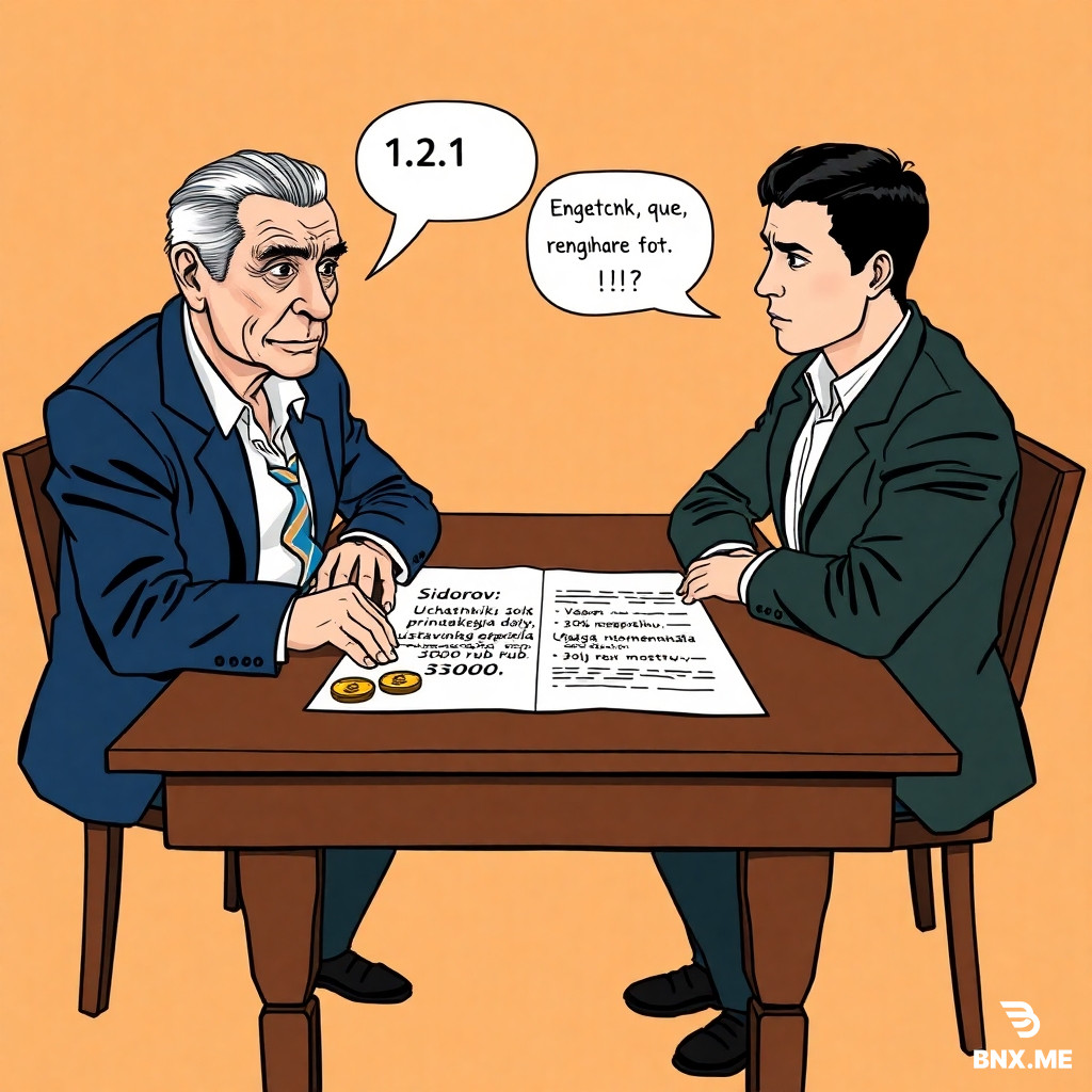 Colorful european comic book style, ligne claire, clear black ink outlines, flat colors, no shading, no gradients. Two men sitting at a wooden brown table facing each other. Left: elderly Sidorov (74 years old, thin face, deep wrinkles, gray hair combed back, tired eyes, dark blue jacket, white shirt). Right: young Petrov (24 years old, short dark hair, sharp jawline, serious cold expression, dark green jacket, white shirt). On the table between them: a large open contract with visible text "1.2. Uchastniku 1 prinadlezhit dolja 30% ustavnogo kapitala nominalnaja stoimost 3000 rub. Uchastniku 2 — dolja 10% nominalnaja stoimost 1000 rub." Next to the contract, two small piles of gold coins: three coins labeled "3000" and one coin labeled "1000". Above each man's head: an empty white speech bubble with thick black outline, completely empty inside, no text. No other people. Background pale orange. Flat colors, black ink.