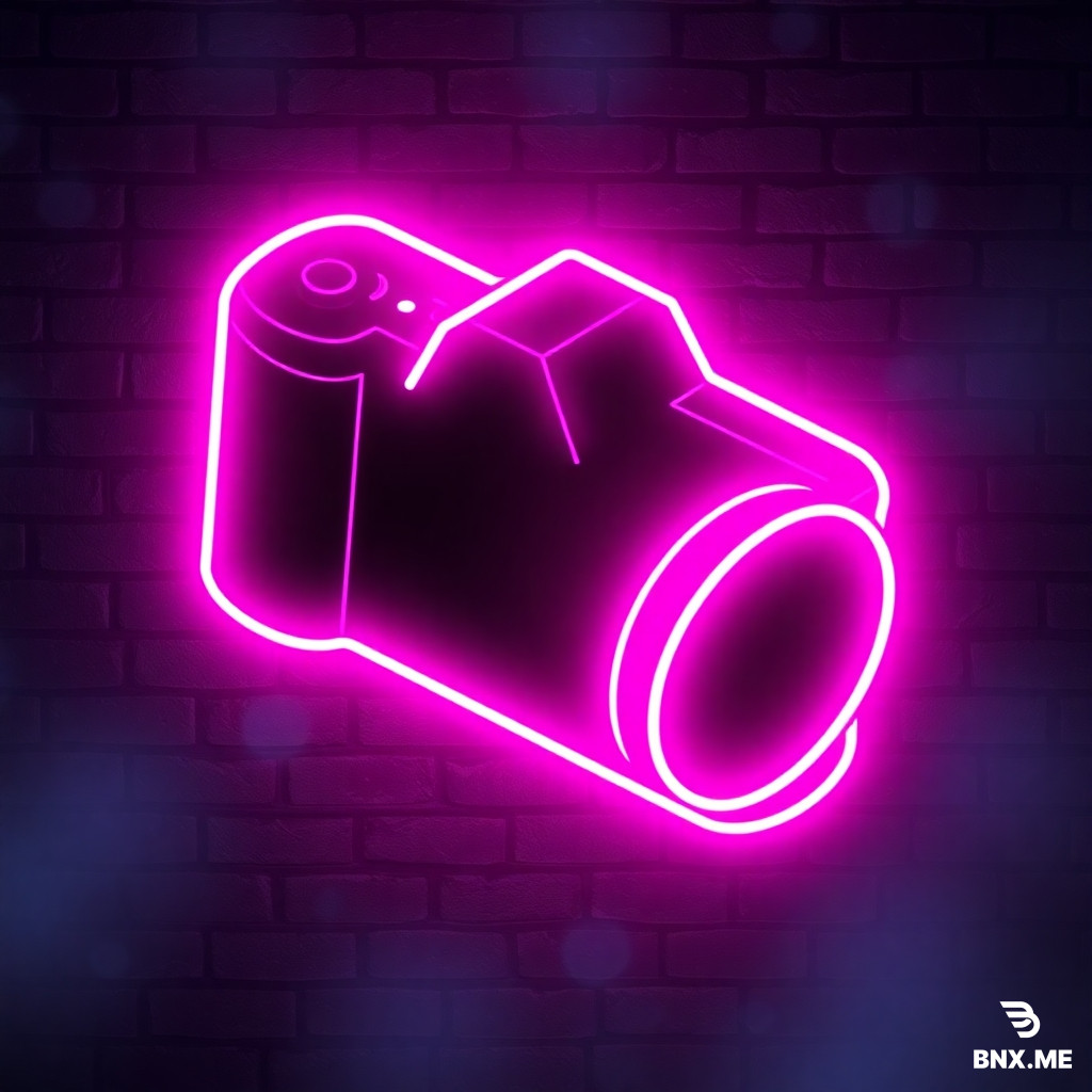 Neon sign logo for a photographer. The silhouette of a camera body or lens shape drawn in glowing magenta and cyan neon tubing. Realistic light bloom and haze effect on a dark charcoal brick wall background. Cyberpunk edge, music venue vibe, high resolution, ultra detailed --ar 2:1