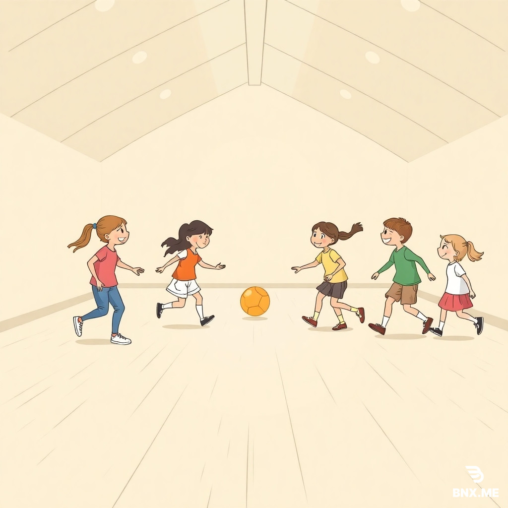12 Schulkinder (6-10 Jahre) bewegen sich fröhlich einer Turnhalle. 5 Kinder haben einen Ball. Stil eher minimalistisch. Hautfarben sollen pastellorange, pastellgrün und Pastellfarben sein. Als Zeichnung. Esoll ein Deckblatt für eine Spielesammlung für Lehrer sein