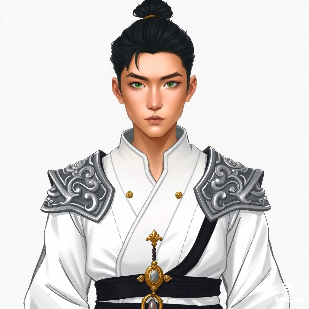 A young East Asian man, appearing to be in his early twenties, stands centered in the frame, facing the viewer directly with a neutral expression. He has dark, neatly pulled-back hair styled in a top knot and striking green eyes. He is depicted in a digitally painted, fantasy art style with a rough, sketched outline. His attire consists of an ornate white robe with a high, wide collar adorned with gold accents, and intricate silver shoulder armor that mimics flowing fabric. A black sash with a decorative golden clasp cinches his waist, from which hangs a decorative pendant and what appears to be a sheath. His build is slender. The lighting is soft and even, with a subtle highlight on his face and clothing. The background is a plain, light gray, emphasizing the subject and the detailed costume design. The perspective is a medium shot, focusing on his upper body and head. The overall atmosphere is elegant and regal, with a touch of mystery.