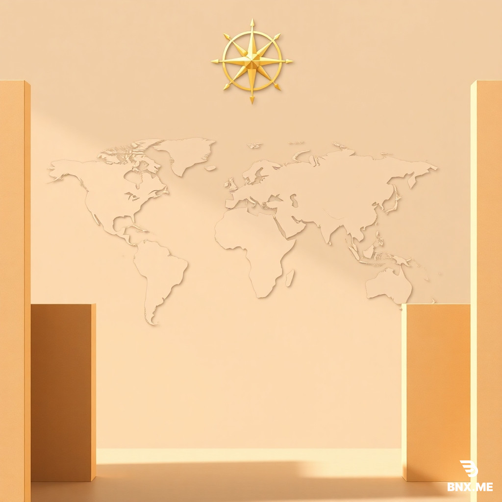 A minimal and elegant abstract composition representing global trade and sourcing. A subtle world map with golden lines connecting major trade hubs across continents. A golden compass and delicate shipping route lines appear in the background. In the foreground, clean architectural panels or geometric shapes in warm neutral tones frame the composition, giving a subtle nod to construction and design without dominating the image.