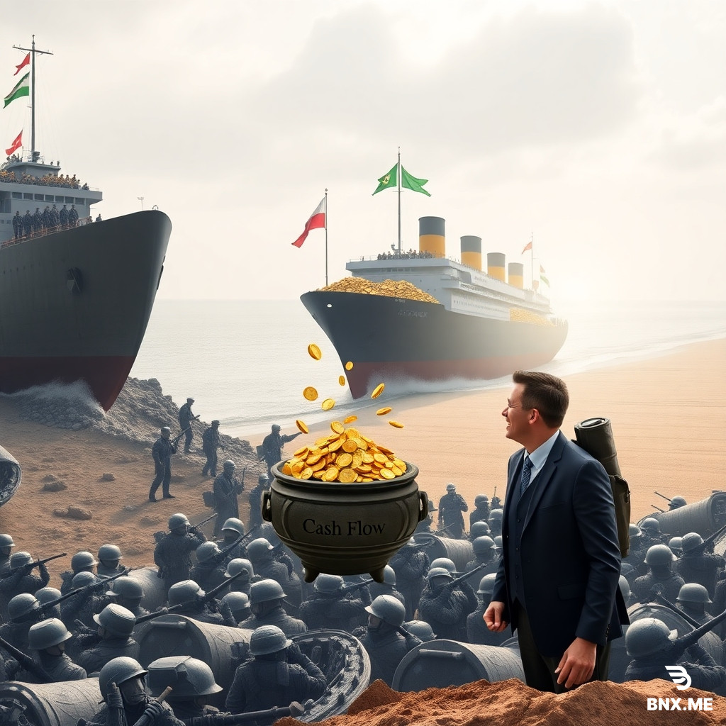 Five-shot sequence depicting "D-Day in business". Shot 1: full shot of a gray "enemy beach" representing market resistance, many small boats but only one giant ship loaded with soldiers and corporate flags. The lawyer (30s, Asian, navy suit) standing at bow pointing forward. Shot 2: medium shot of CEO's room, two piles of files: left "Cut" with red X, right "Attack" with green check. Lawyer's hand pushes left pile down. Shot 3: close-up of CEO's trembling hand then clenching fist. He swings a heavy mallet at a ceramic pot labeled "Three Loss Departments". Pot shatters, revealing a note "Cash Flow". Shot 4: wide shot of beach, the giant ship landing, golden coins and worker silhouettes pouring out, breaking through one point of the defense line, revealing golden new market plains behind. Shot 5: close-up of lawyer and CEO standing on high ground, looking at the breached point, CEO smiling for first time. Sunlight streams through the breach. Text: "Concentrate forces, break one point." No real war violence, symbolic battle. Triumphant lighting, photorealistic, 4k.