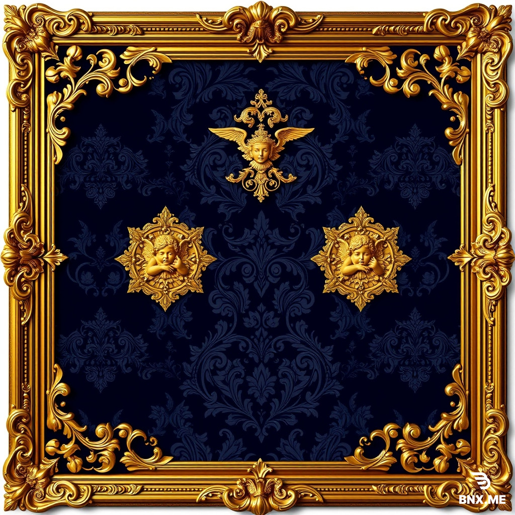 Luxurious classic fantasy poster background, ornate golden baroque frame, deep navy blue velvet backdrop, decorative damask pattern, four ornamental medallions, cherub statues, acanthus leaves, gold foil texture, royal palace atmosphere, symmetrical composition, elegant, high detail, 8k, no text