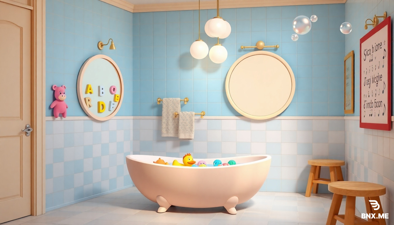 "3D animated interior scene, a cheerful colorful bathroom with pastel blue and white tiles, a giant bathtub shaped like a rubber duck with colorful bath toys floating in the water, a big round mirror with foam letter stickers on it, soft fluffy towels hanging on a rack, fun bubble-shaped light fixtures, a wooden step stool, a sing-along song poster with music notes on the wall, warm soft lighting, bubbles floating in the air, Pixar/Illumination style, bright pastel colors, high detail, 8k resolution."