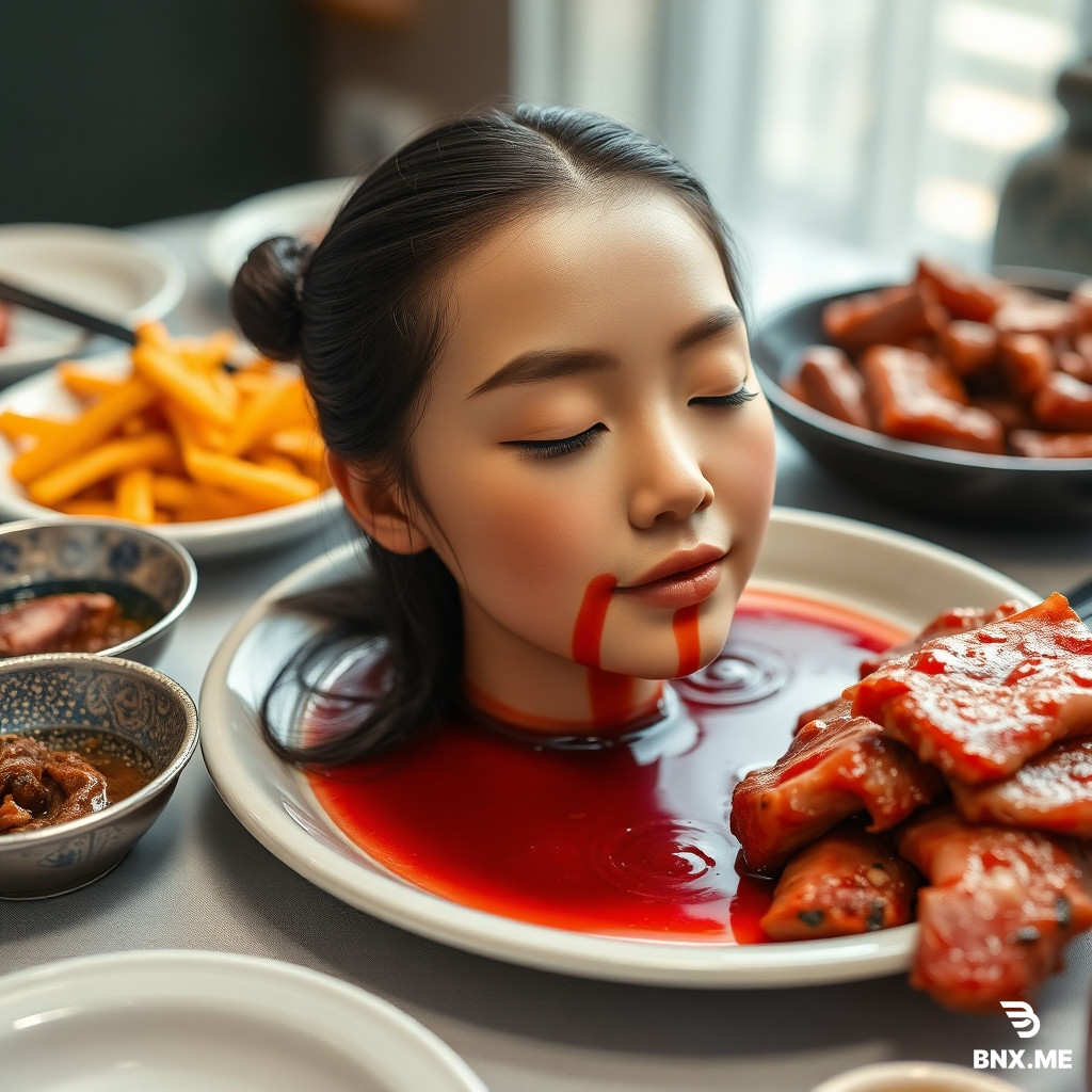 A beautiful high school Eastern Asian maiden's head cruely chopped off,put in a dish of meat on the dinner table,among cuisines,with cute hairpin,eyes closed,red liquid flowing below the head,as real as photo,with a face full of reality